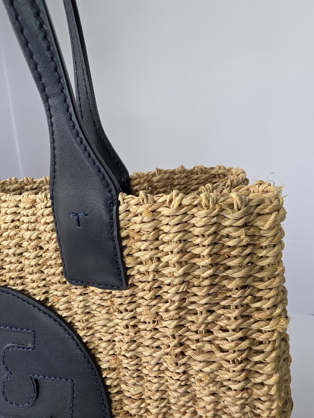 Tory Burch Ella Straw Tote | Natural Raffia & Navy Leather | Excellent - Picture 5 of 10